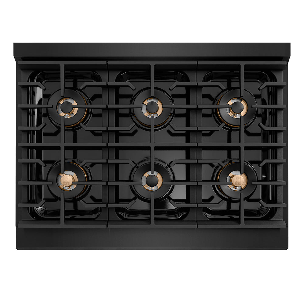 ZLINE Autograph Edition 36 in. 5.2 cu. ft. Paramount Dual Fuel Range with 6 Burner DuoPro™ Cooktop and Electric Convection Oven in Black Stainless Steel with Polished Gold Helix Handle and Accents (PSDRBZ-36-KG) top-down, above cooktop.