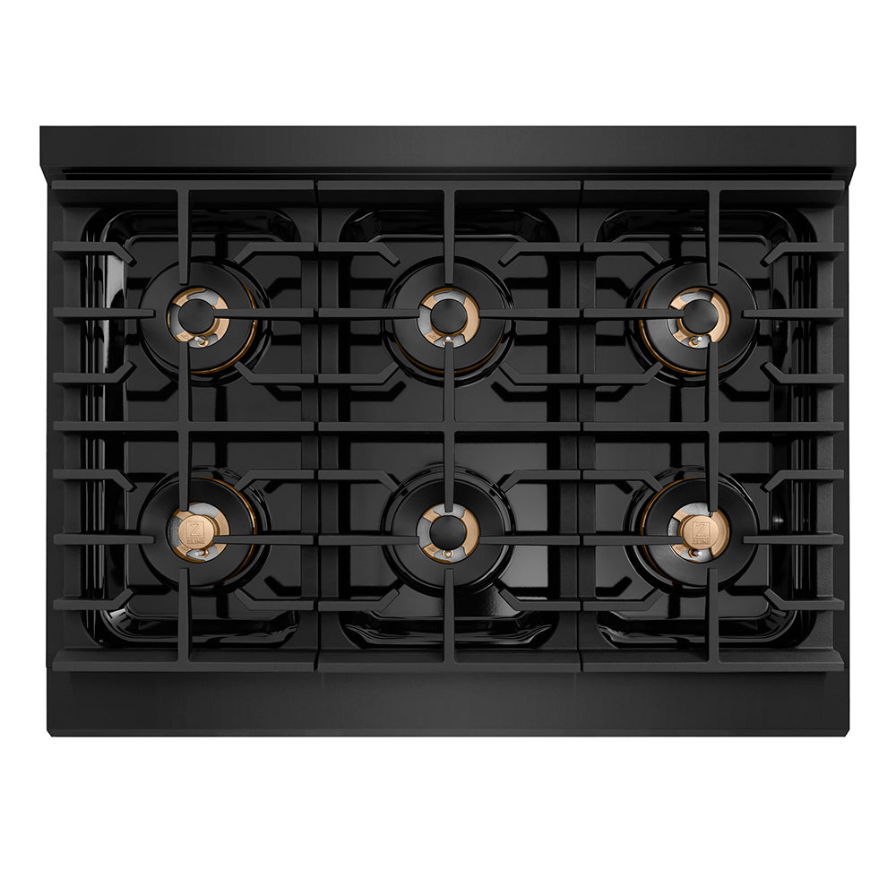 ZLINE Autograph Edition 36 in. 5.2 cu. ft. Paramount Dual Fuel Range with 6 Burner DuoPro™ Cooktop and Electric Convection Oven in Black Stainless Steel with Polished Gold Helix Handle and Accents (PSDRBZ-36-KG)