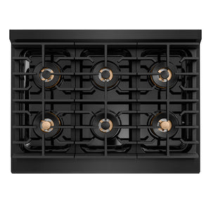 ZLINE Autograph Edition 36 in. 5.2 cu. ft. Paramount Dual Fuel Range with 6 Burner DuoPro™ Cooktop and Electric Convection Oven in Black Stainless Steel with Polished Gold Helix Handle and Accents (PSDRBZ-36-KG)