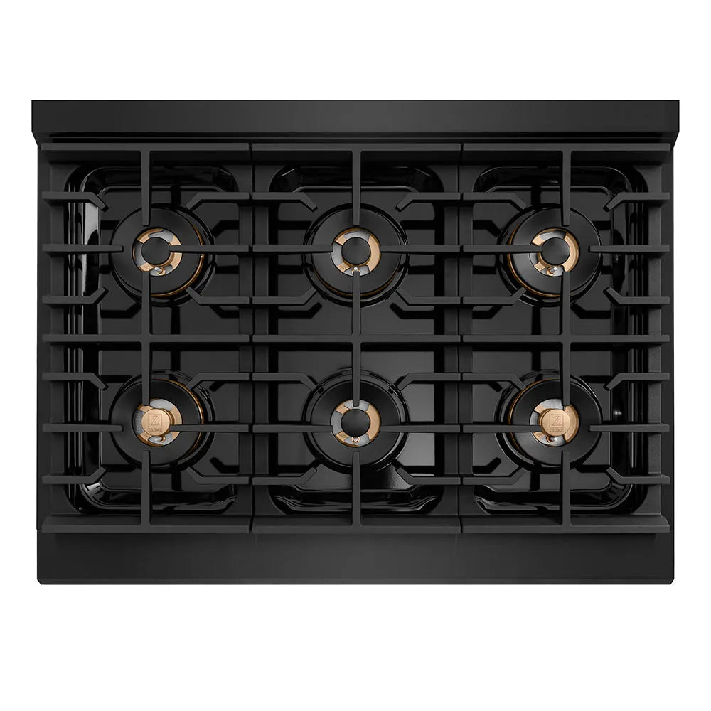 ZLINE Autograph Edition 36 in. 5.2 cu. ft. Paramount Dual Fuel Range with 6 Burner DuoPro™ Cooktop and Electric Convection Oven in Black Stainless Steel with Polished Gold Helix Handle and Accents (PSDRBZ-36-KG) top-down, above cooktop.