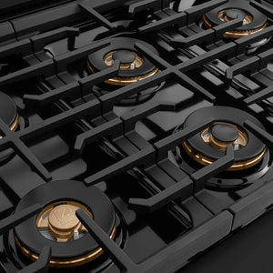ZLINE Autograph Edition 48 in. 6.7 cu. ft. Paramount Dual Fuel Range with 8 Burner DuoPro™ Cooktop and Dual Ovens in Black Stainless Steel with Champagne Bronze Helix Handles and Accents (PSDRBZ-48-KCB) DuoPro™ burner spread and grates.