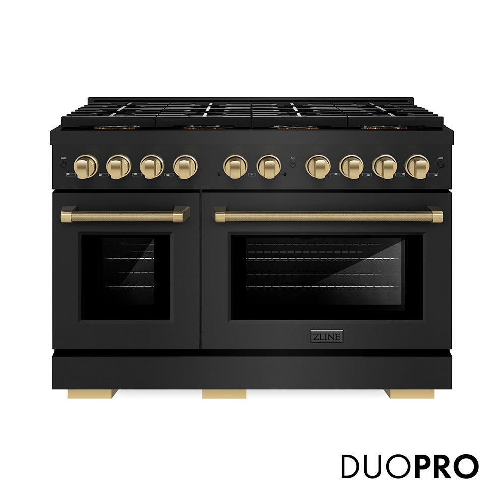 ZLINE Autograph Edition 48 in. 6.7 cu. ft. Paramount Dual Fuel Range with 8 Burner DuoPro™ Cooktop and Dual Ovens in Black Stainless Steel with Champagne Bronze Helix Handles and Accents (PSDRBZ-48-KCB)