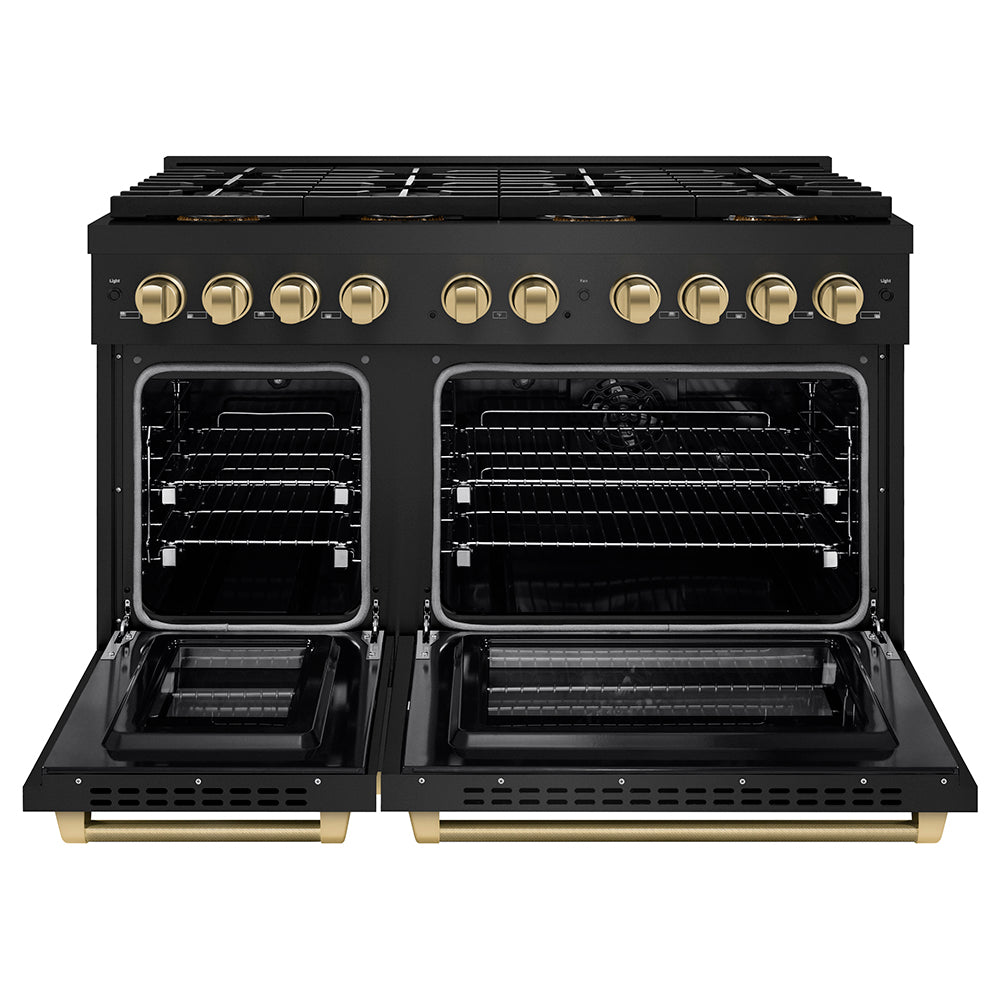 ZLINE Autograph Edition 48 in. 6.7 cu. ft. Paramount Dual Fuel Range with 8 Burner DuoPro™ Cooktop and Dual Ovens in Black Stainless Steel with Champagne Bronze Helix Handles and Accents (PSDRBZ-48-KCB)