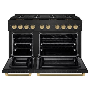 ZLINE Autograph Edition 48 in. 6.7 cu. ft. Paramount Dual Fuel Range with 8 Burner DuoPro™ Cooktop and Dual Ovens in Black Stainless Steel with Champagne Bronze Helix Handles and Accents (PSDRBZ-48-KCB)