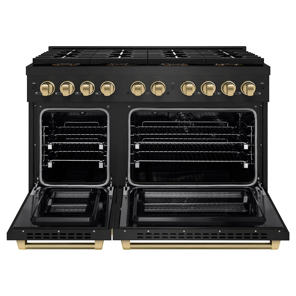 ZLINE Autograph Edition 48 in. 6.7 cu. ft. Paramount Dual Fuel Range with 8 Burner DuoPro™ Cooktop and Dual Ovens in Black Stainless Steel with Champagne Bronze Helix Handles and Accents (PSDRBZ-48-KCB) front, oven open.