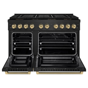ZLINE Autograph Edition 48 in. 6.7 cu. ft. Paramount Dual Fuel Range with 8 Burner DuoPro™ Cooktop and Dual Ovens in Black Stainless Steel with Champagne Bronze Helix Handles and Accents (PSDRBZ-48-KCB) front, oven open.