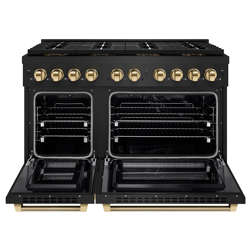 ZLINE Autograph Edition 48 in. 6.7 cu. ft. Paramount Dual Fuel Range with 8 Burner DuoPro™ Cooktop and Dual Ovens in Black Stainless Steel with Polished Gold Helix Handles and Accents (PSDRBZ-48-KG)