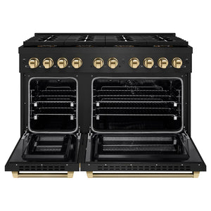 ZLINE Autograph Edition 48 in. 6.7 cu. ft. Paramount Dual Fuel Range with 8 Burner DuoPro™ Cooktop and Dual Ovens in Black Stainless Steel with Polished Gold Helix Handles and Accents (PSDRBZ-48-KG) front, oven open.