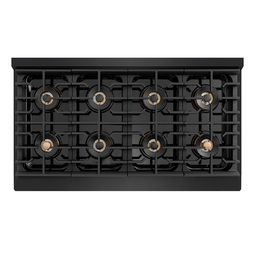 ZLINE Autograph Edition 48 in. 6.7 cu. ft. Paramount Dual Fuel Range with 8 Burner DuoPro™ Cooktop and Dual Ovens in Black Stainless Steel with Polished Gold Helix Handles and Accents (PSDRBZ-48-KG)