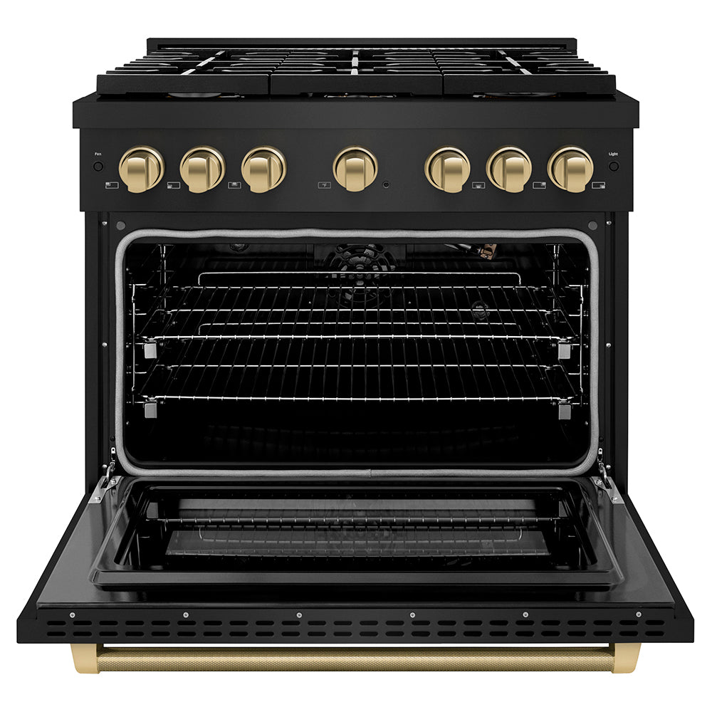 ZLINE Autograph Edition 36 in. 5.2 cu. ft. Paramount Gas Range with 6 Burner Cooktop and Convection Gas Oven in Black Stainless Steel with Champagne Bronze Helix Handle and Knob Accents (SGRBZ-36-KCB) front, open.