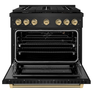 ZLINE Autograph Edition 36 in. 5.2 cu. ft. Paramount Gas Range with 6 Burner Cooktop and Convection Gas Oven in Black Stainless Steel with Champagne Bronze Helix Handle and Knob Accents (SGRBZ-36-KCB) front, open.