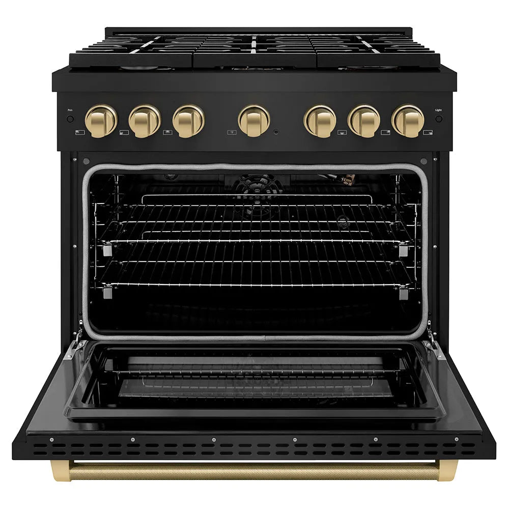 ZLINE Autograph Edition 36 in. 5.2 cu. ft. Paramount Gas Range with 6 Burner Cooktop and Convection Gas Oven in Black Stainless Steel with Champagne Bronze Helix Handle and Knob Accents (SGRBZ-36-KCB) front, open.