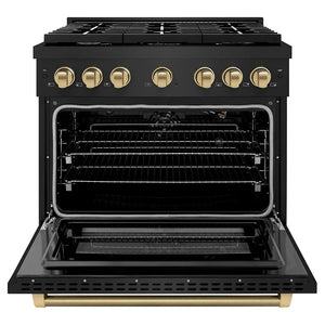 ZLINE Autograph Edition 36 in. 5.2 cu. ft. Paramount Gas Range with 6 Burner Cooktop and Convection Gas Oven in Black Stainless Steel with Champagne Bronze Helix Handle and Knob Accents (SGRBZ-36-KCB) front, open.