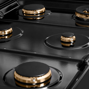 ZLINE Autograph Edition 36 in. 5.2 cu. ft. Paramount Gas Range with 6 Burner Cooktop and Convection Gas Oven in Black Stainless Steel with Champagne Bronze Helix Handle and Knob Accents (SGRBZ-36-KCB) black porcelain cooktop and burners with no grates.