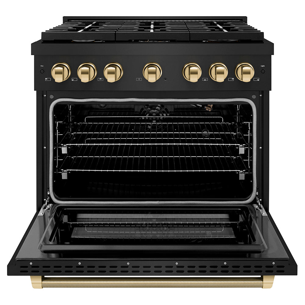 ZLINE Autograph Edition 36 in. 5.2 cu. ft. Paramount Gas Range with 6 Burner Cooktop and Convection Gas Oven in Black Stainless Steel with Polished Gold Helix Handle and Knob Accents (SGRBZ-36-KG) front, open.