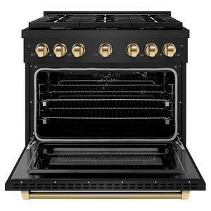 ZLINE Autograph Edition 36 in. 5.2 cu. ft. Paramount Gas Range with 6 Burner Cooktop and Convection Gas Oven in Black Stainless Steel with Polished Gold Helix Handle and Knob Accents (SGRBZ-36-KG) front, open.