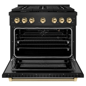ZLINE Autograph Edition 36 in. 5.2 cu. ft. Paramount Gas Range with 6 Burner Cooktop and Convection Gas Oven in Black Stainless Steel with Polished Gold Helix Handle and Knob Accents (SGRBZ-36-KG) front, open.