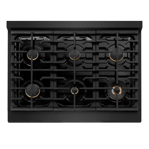 ZLINE Autograph Edition 36 in. 5.2 cu. ft. Paramount Gas Range with 6 Burner Cooktop and Convection Gas Oven in Black Stainless Steel with Polished Gold Helix Handle and Knob Accents (SGRBZ-36-KG) top-down, above cooktop.