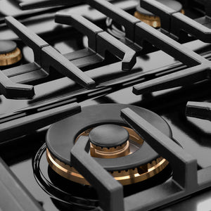 ZLINE Autograph Edition 48 in. 6.7 cu. ft. Paramount Double Oven Gas Range with 8 Burner Cooktop in Black Stainless Steel and Champagne Bronze Helix Handles and Knob Accents (SGRBZ-48-KCB) large brass burner with ZLINE logo.