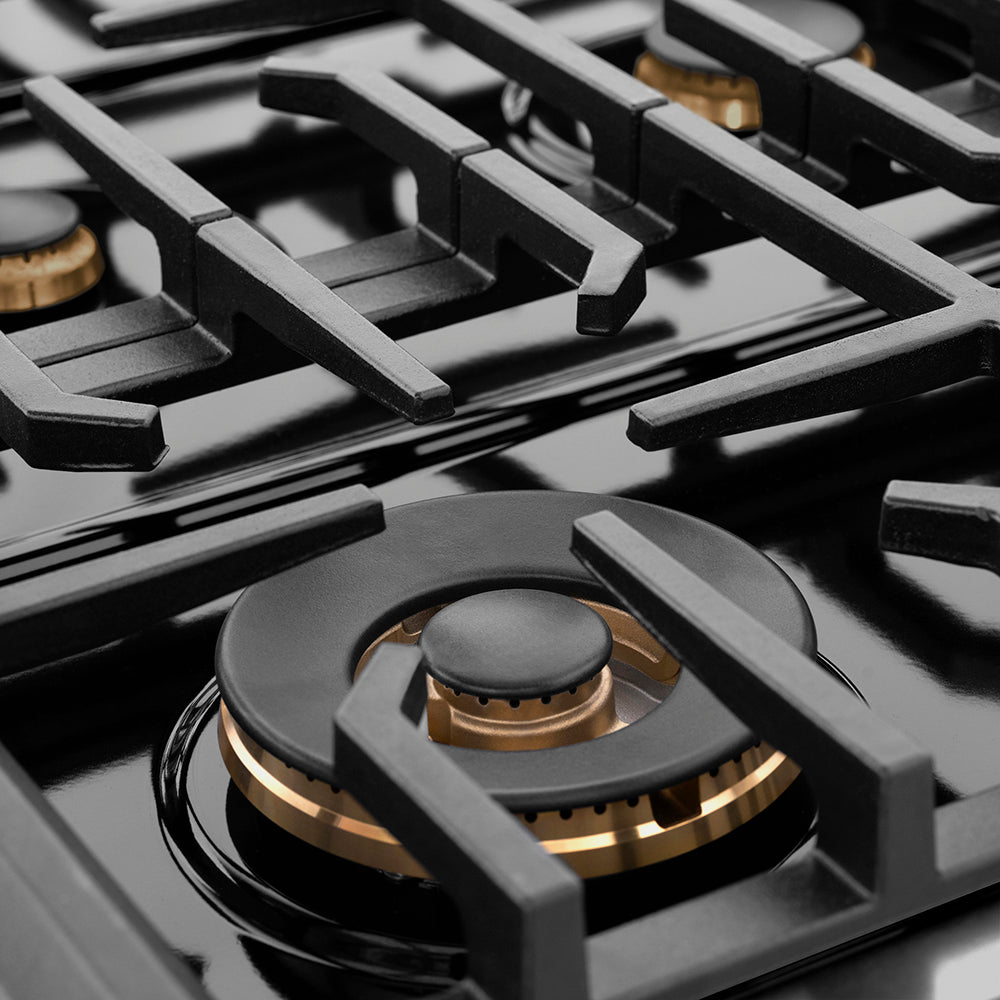 ZLINE Autograph Edition 48 in. 6.7 cu. ft. Paramount Double Oven Gas Range with 8 Burner Cooktop in Black Stainless Steel and Polished Gold Helix Handles and Knob Accents (SGRBZ-48-KG) large brass burner with ZLINE logo.