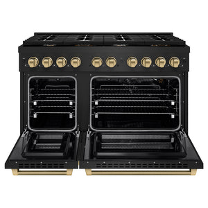 ZLINE Autograph Edition 48 in. 6.7 cu. ft. Paramount Double Oven Gas Range with 8 Burner Cooktop in Black Stainless Steel and Champagne Bronze Helix Handles and Knob Accents (SGRBZ-48-KCB) front, open.