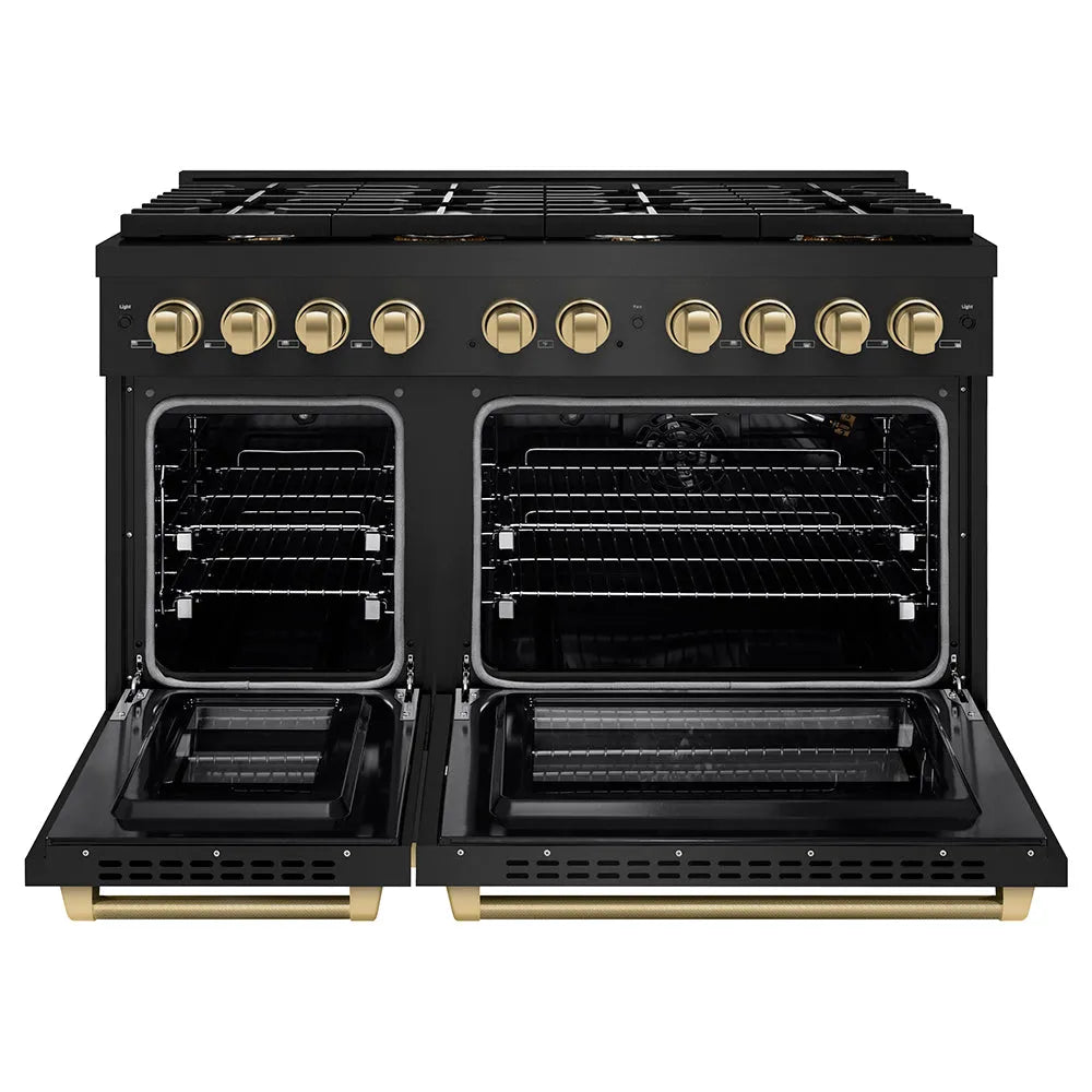 ZLINE Autograph Edition 48 in. 6.7 cu. ft. Paramount Double Oven Gas Range with 8 Burner Cooktop in Black Stainless Steel and Champagne Bronze Helix Handles and Knob Accents (SGRBZ-48-KCB) front, open.