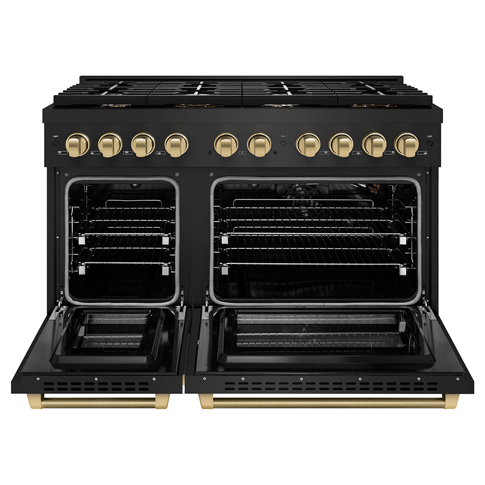 ZLINE Autograph Edition 48 in. 6.7 cu. ft. Paramount Double Oven Gas Range with 8 Burner Cooktop in Black Stainless Steel and Polished Gold Helix Handles and Knob Accents (SGRBZ-48-KG) front, open.