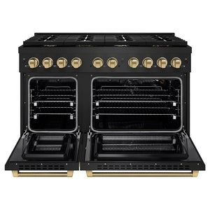 ZLINE Autograph Edition 48 in. 6.7 cu. ft. Paramount Double Oven Gas Range with 8 Burner Cooktop in Black Stainless Steel and Polished Gold Helix Handles and Knob Accents (SGRBZ-48-KG) front, open.