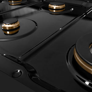 ZLINE Autograph Edition 48 in. 6.7 cu. ft. Paramount Double Oven Gas Range with 8 Burner Cooktop in Black Stainless Steel and Champagne Bronze Helix Handles and Knob Accents (SGRBZ-48-KCB) black porcelain cooktop and burners with no grates.