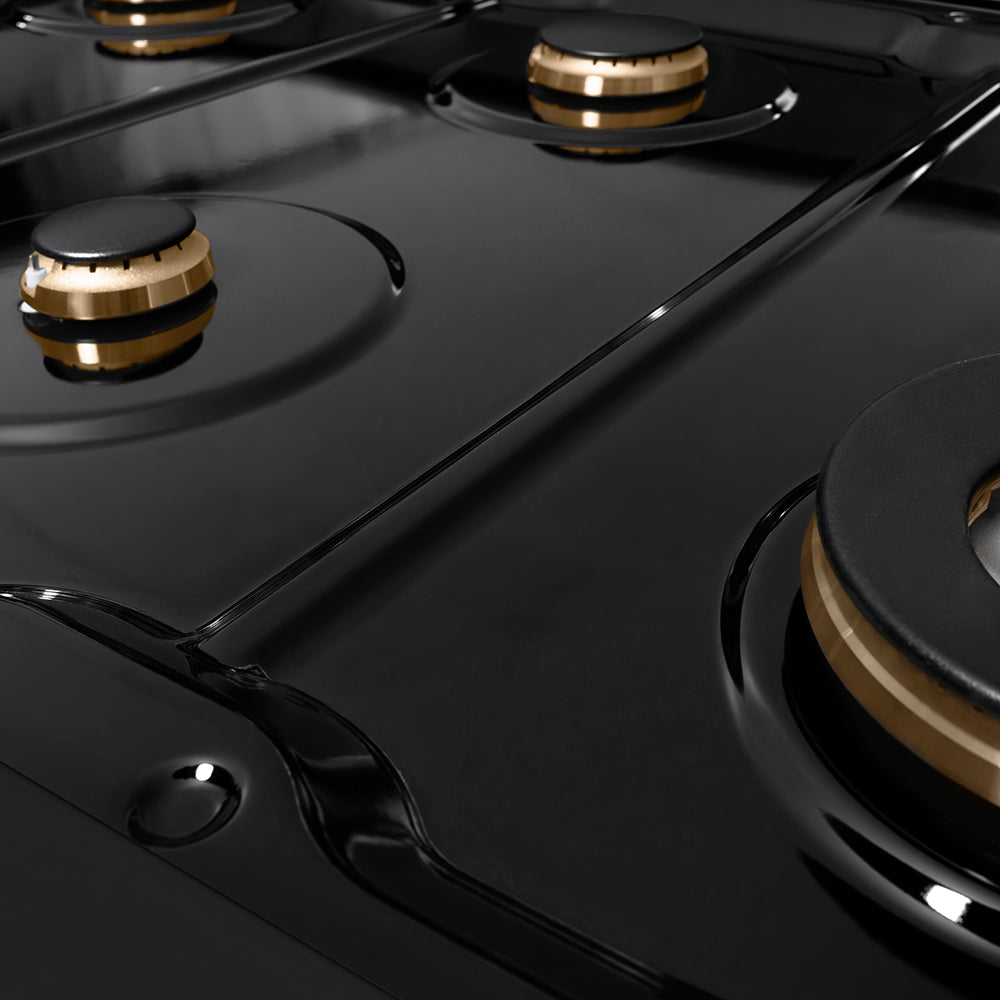 ZLINE Autograph Edition 48 in. 6.7 cu. ft. Paramount Double Oven Gas Range with 8 Burner Cooktop in Black Stainless Steel and Polished Gold Helix Handles and Knob Accents (SGRBZ-48-KG) black porcelain cooktop and burners with no grates.