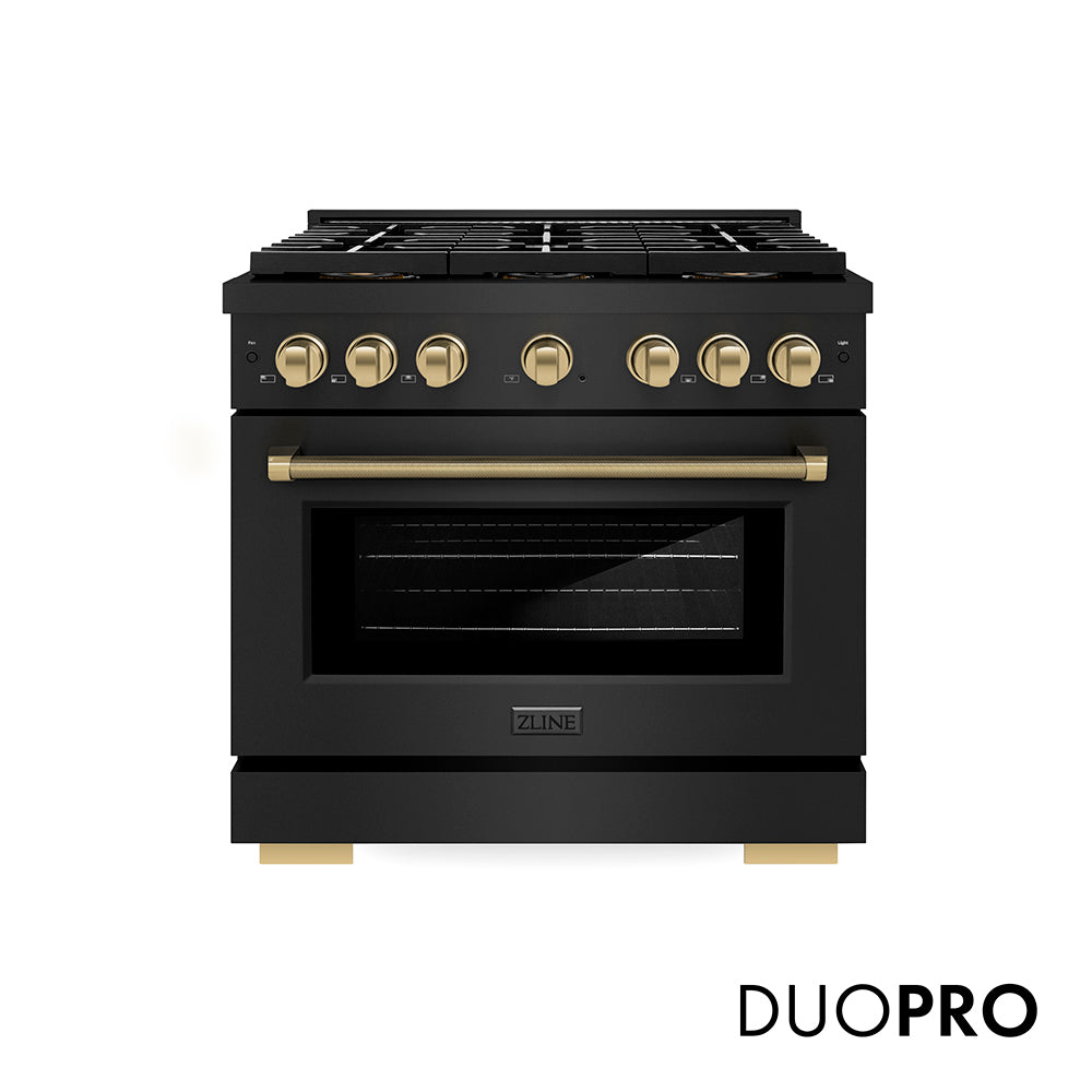 ZLINE Autograph Edition 36 in. 5.2 cu. ft. Paramount Gas Range with 6 Burner DuoPro™ Cooktop and Convection Gas Oven in Black Stainless Steel with Champagne Bronze Helix Handle and Accents (PSGRBZ-36-KCB)