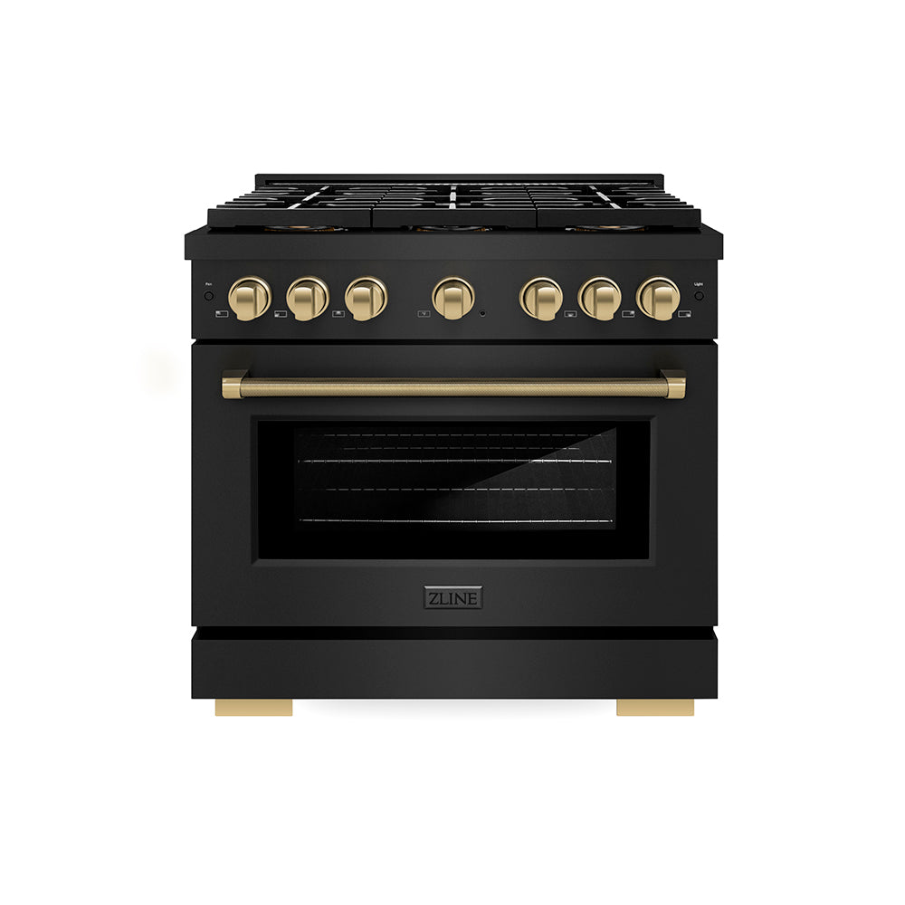 ZLINE Autograph Edition 36 in. 5.2 cu. ft. Paramount Gas Range with 6 Burner DuoPro™ Cooktop and Convection Gas Oven in Black Stainless Steel with Champagne Bronze Helix Handle and Accents (PSGRBZ-36-KCB)