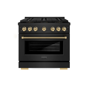 ZLINE Autograph Edition 36 in. 5.2 cu. ft. Paramount Gas Range with 6 Burner DuoPro™ Cooktop and Convection Gas Oven in Black Stainless Steel with Champagne Bronze Helix Handle and Accents (PSGRBZ-36-KCB)