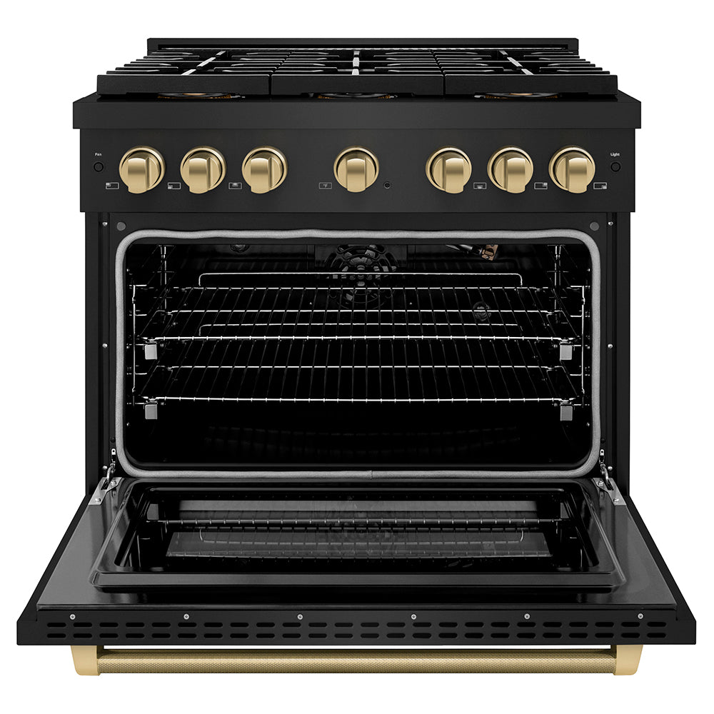 ZLINE Autograph Edition 36 in. 5.2 cu. ft. Paramount Gas Range with 6 Burner DuoPro™ Cooktop and Convection Gas Oven in Black Stainless Steel with Champagne Bronze Helix Handle and Accents (PSGRBZ-36-KCB)