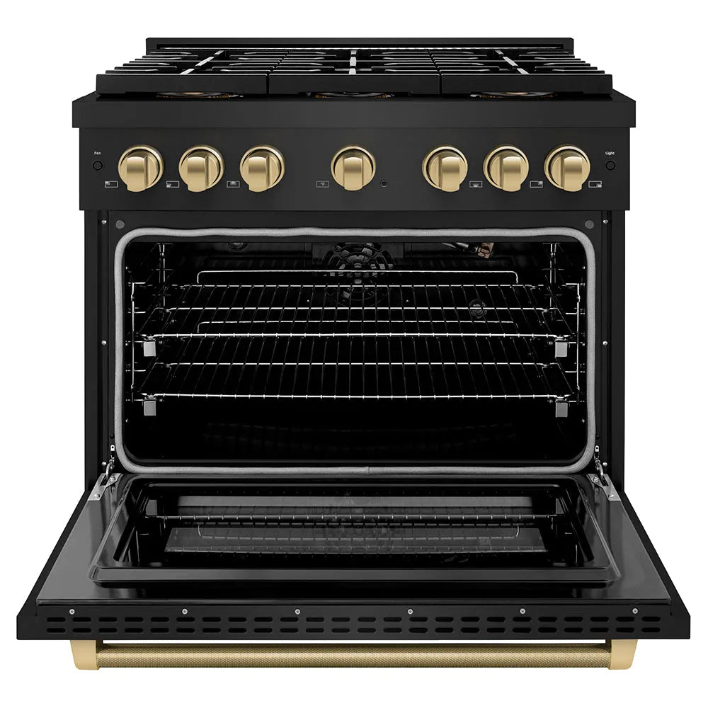 ZLINE Autograph Edition 36 in. 5.2 cu. ft. Paramount Gas Range with 6 Burner DuoPro™ Cooktop and Convection Gas Oven in Black Stainless Steel with Champagne Bronze Helix Handle and Accents (PSGRBZ-36-KCB) front, oven open.