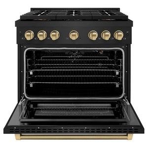 ZLINE Autograph Edition 36 in. 5.2 cu. ft. Paramount Gas Range with 6 Burner DuoPro™ Cooktop and Convection Gas Oven in Black Stainless Steel with Champagne Bronze Helix Handle and Accents (PSGRBZ-36-KCB) front, oven open.