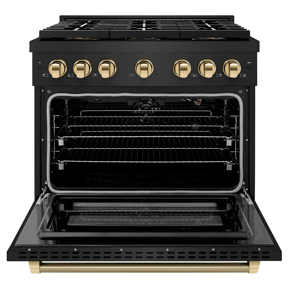 ZLINE Autograph Edition 36 in. 5.2 cu. ft. Paramount Gas Range with 6 Burner DuoPro™ Cooktop and Convection Gas Oven in Black Stainless Steel with Polished Gold Helix Handle and Accents (PSGRBZ-36-KG) front, oven open.