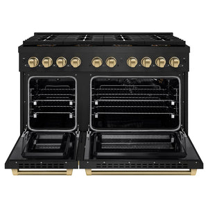ZLINE Autograph Edition 48 in. 6.7 cu. ft. Paramount Gas Range with 8 Burner DuoPro™ Cooktop and Dual Ovens in Black Stainless Steel with Champagne Bronze Helix Handles and Accents (PSGRBZ-48-KCB) front, oven open.