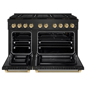 ZLINE Autograph Edition 48 in. 6.7 cu. ft. Paramount Gas Range with 8 Burner DuoPro™ Cooktop and Dual Ovens in Black Stainless Steel with Polished Gold Helix Handles and Accents (PSGRBZ-48-KG)