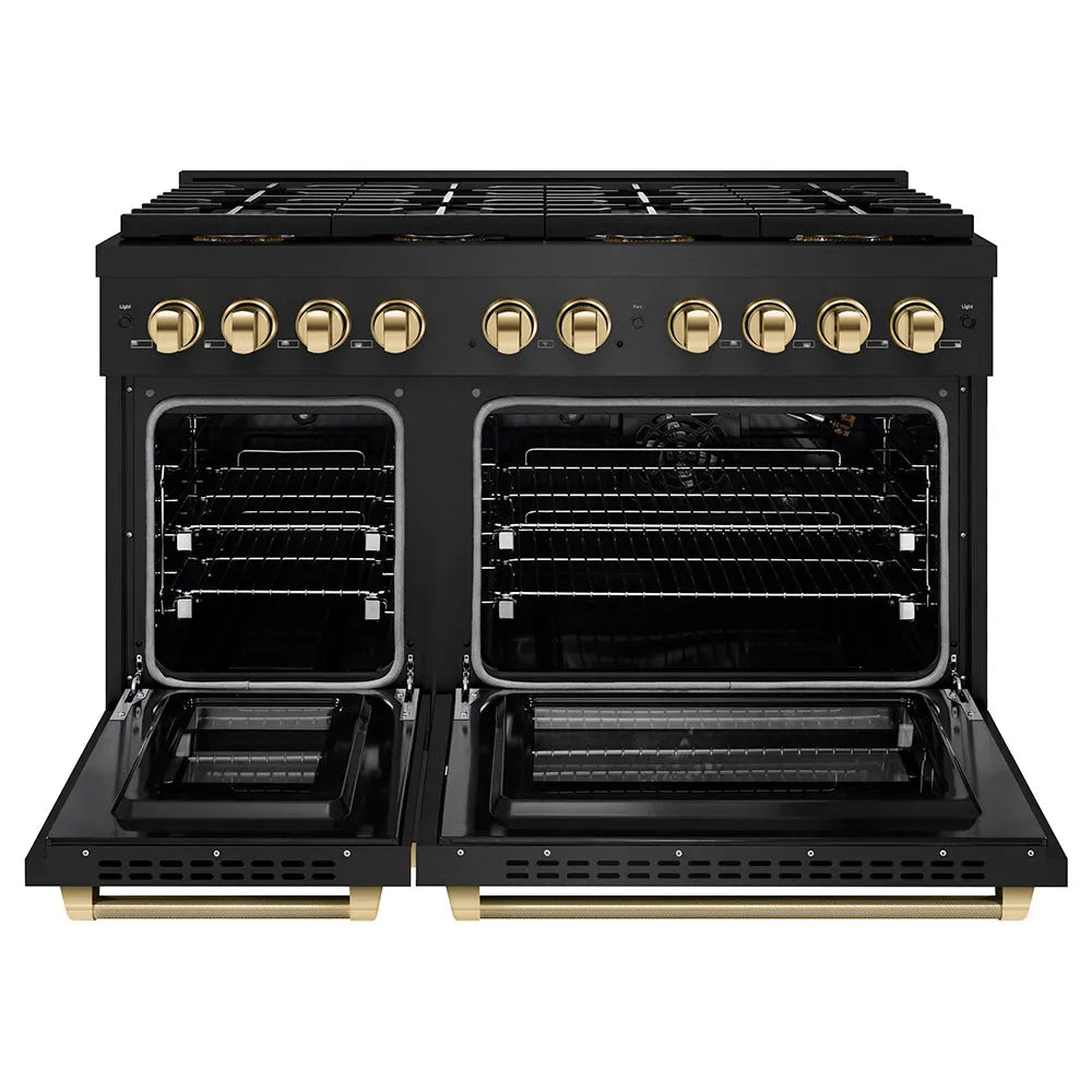 ZLINE Autograph Edition 48 in. 6.7 cu. ft. Paramount Gas Range with 8 Burner DuoPro™ Cooktop and Dual Ovens in Black Stainless Steel with Polished Gold Helix Handles and Accents (PSGRBZ-48-KG) front, oven open.