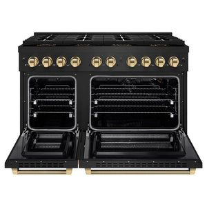 ZLINE Autograph Edition 48 in. 6.7 cu. ft. Paramount Gas Range with 8 Burner DuoPro™ Cooktop and Dual Ovens in Black Stainless Steel with Polished Gold Helix Handles and Accents (PSGRBZ-48-KG) front, oven open.