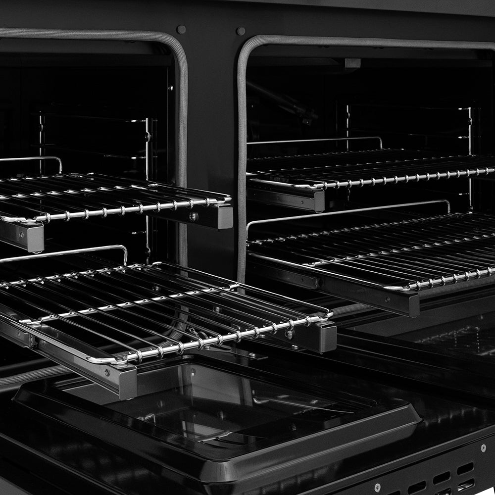 ZLINE Autograph Edition 48 in. 6.7 cu. ft. Paramount Gas Range with 8 Burner DuoPro™ Cooktop and Dual Ovens in Black Stainless Steel with Polished Gold Helix Handles and Accents (PSGRBZ-48-KG)