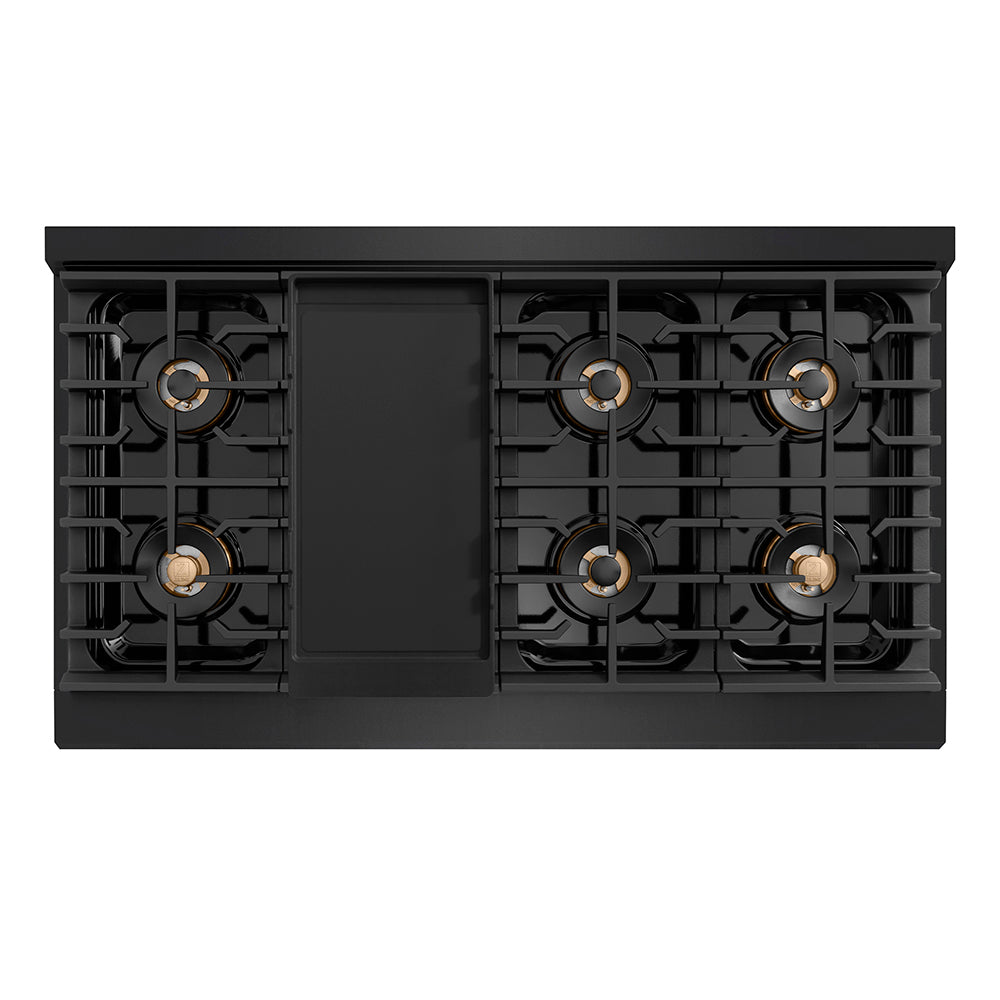 ZLINE Autograph Edition 48 in. 6.7 cu. ft. Paramount Gas Range with 8 Burner DuoPro™ Cooktop and Dual Ovens in Black Stainless Steel with Polished Gold Helix Handles and Accents (PSGRBZ-48-KG)