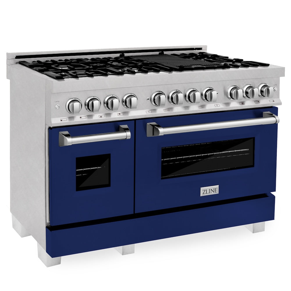 ZLINE 48 in. 6.0 cu. ft. Legacy Dual Fuel Range with 7 Burner Gas Cooktop and 2 Electric Ovens in Satin Stainless Steel and Blue Gloss Doors (RAS-BG-48)