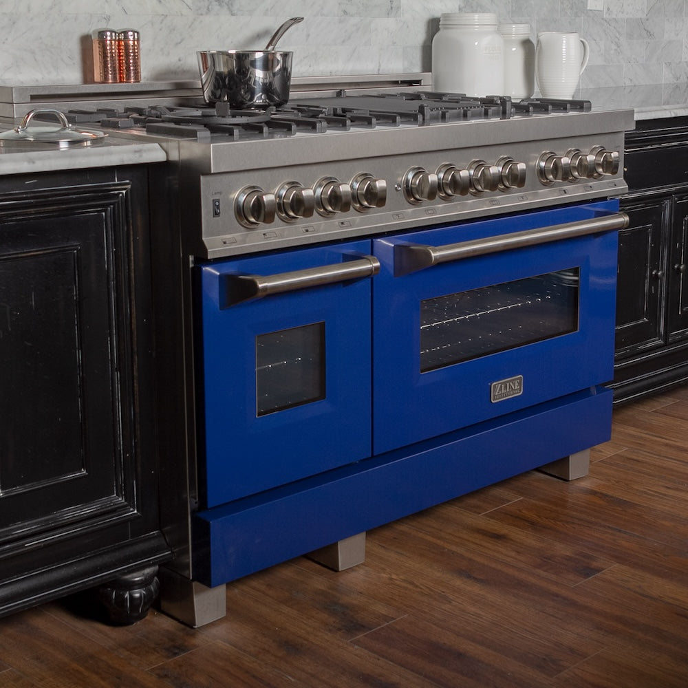 ZLINE 48 in. 6.0 cu. ft. Legacy Dual Fuel Range with 7 Burner Gas Cooktop and 2 Electric Ovens in Satin Stainless Steel and Blue Gloss Doors (RAS-BG-48)