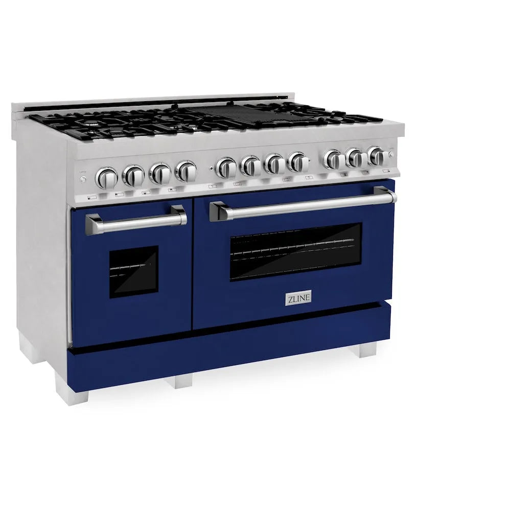 ZLINE 48 in. 6.0 cu. ft. Legacy Dual Fuel Range with 7 Burner Gas Cooktop and 2 Electric Ovens in Satin Stainless Steel and Blue Gloss Doors (RAS-BG-48) main image.