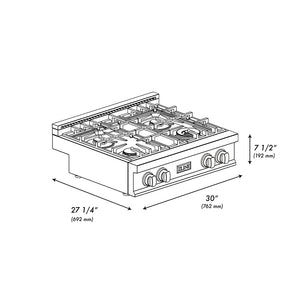 ZLINE Autograph Edition 30 in. Classic Gas Rangetop with 4 Burners and Porcelain Cooktop in Black Stainless Steel with Polished Gold Accents (RTBZ-30-G) dimensional diagram with measurements.