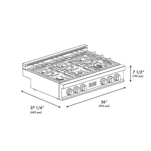 ZLINE 36 in. Classic Gas Rangetop with 6 Brass Burners and Porcelain Cooktop in Satin Stainless Steel (RTS-BR-36) dimensional diagram with measurements.