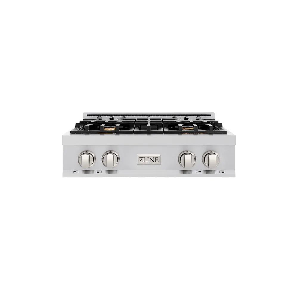 ZLINE 30 in. Classic Gas Rangetop with 4 Brass Burners and Porcelain Cooktop in Stainless Steel (RT-BR-30) main image.
