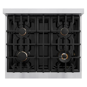 ZLINE 30 in. Classic Gas Rangetop with 4 Brass Burners and Porcelain Cooktop in Stainless Steel (RT-BR-30) top-down, above cooking surface.